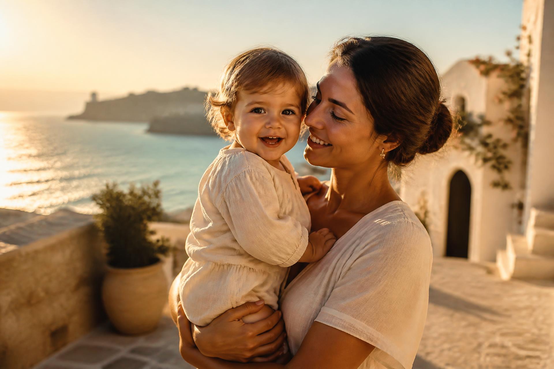 Nanny holding a happy child on a beach in Rhodes